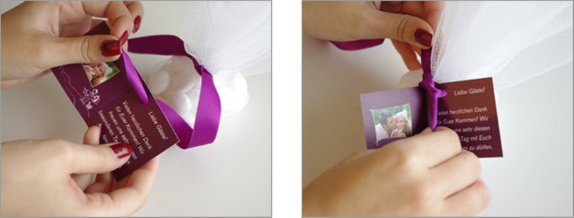 Geschenkanhänger mit Satinband an Bonboniere befestigen