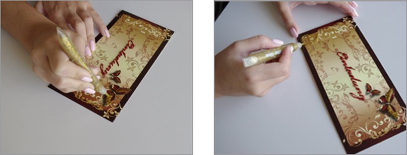 Schritt 3 & 4: Schmetterlingsflügel und, sofern gewünscht, Ornamente mit goldenem Glitzerkleber veredeln. Schmetterlinge mit Glitter nachziehen