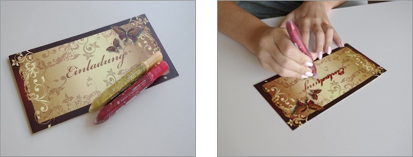 Schritt 1: Bastelmaterial bereitlegen - Schritt 2: Aufschrift mit dem rotem Glitzerstift nachfahren. Bastelmaterial bereit legen