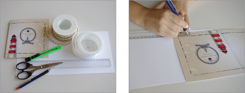 Schritt 1: Bastelmaterial bereitlegen. - Schritt 2: Messen Sie mit Lineal und Bleistift an der obere und unteren seite des Rahmens eine ca. 3cm lange linie ab.  Bastelmaterial bereit legen - Linien anzeichnen