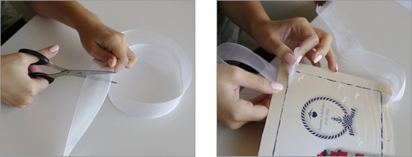 Schritt 5: Schneiden sie das Seidenband zu. - Schritt 6: Fädeln Sie das Band von der Innenseite der Karte nach außen durch die Schlitze. Seidenband abschneiden