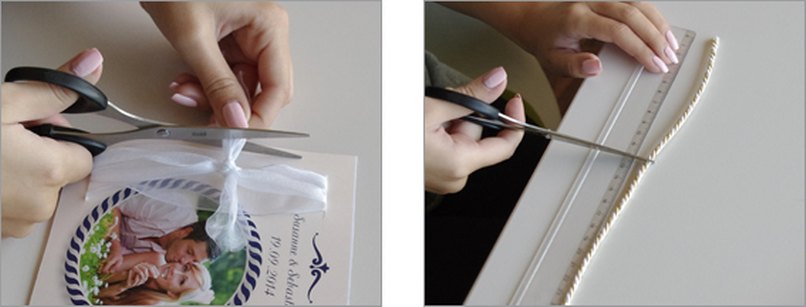 Schritt 11: Schneiden Sie die überschüssigen Enden des Seidenbandes ab. - Schritt 12: Messen Sie die Kordel auf eine Länge von ca. 12cm ab. Kordel zuschneiden