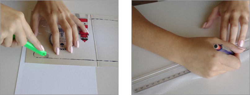 Schritt 3: Schneiden sie mit einem Cutter entlang der gemessenen Linie einen Schlitz hinein. - Schritt 4: Messen Sie das Seidenband auf eine Länge von ca. 70 cm ab. Karte einschneiden