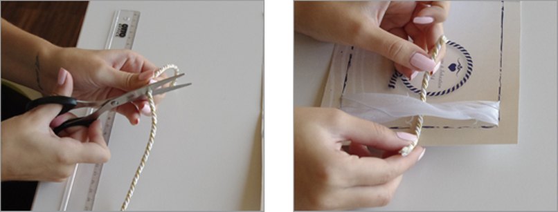 Schritt 13: Schneiden sie die Kordel zu. - Schritt 14: Legen Sie jene mittig einmal um das Seidenband. Kordel zuschneiden