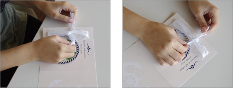 Schritt 9 & 10: Binden Sie das Seidenband nun auf der Innenseite der Einladungskarte zu einen Knoten. ... auf der Innenseite zu einem Knoten verknüpfen