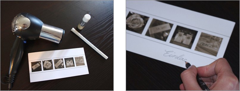 Schritt 1: Bastelmaterial bereitlegen. - Schritt 2: Schrift mit Bleistift vorzeichnen. Einladungskarten mit Embossing Schriftzug. Schritt 1