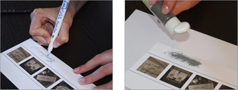 Schritt 3: Schreiben Sie das Wort mit einem Embossing-Stift nach. - Schritt 4: Bedecken Sie die Schrift vollständig mit Embossingpulver und schütteln sie überschüssige Reste vorsichtig ab. Embossingpulver aufstreuen