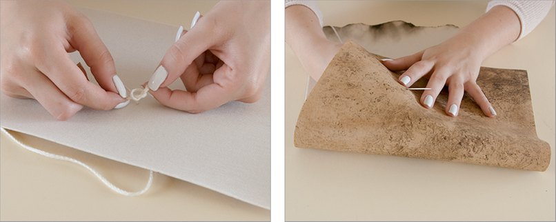 Schritt 15: Befestigen Sie den hinteren Teil der Schnur auf der Innenseite des Leders mit einem Knoten. Schritt 16: Stechen Sie mit der Nadel durch Ihre Markierung Bastelanleitung 08