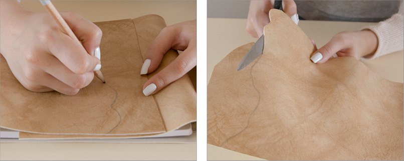 Schritt 5: Legen Sie das Gästebuch in das zugeschnittene Stück und klappen Sie das Stück an der jeweiligen Seite nach innen ein. Auf die überlappende Seite wird nun eine einem Riss gleichende Linie gezeichnet. - Schritt 6: Schneiden Sie entlang der Linie. Bastelaneitung 03