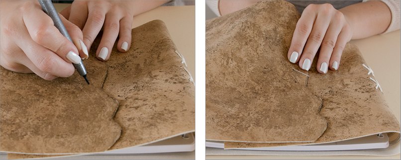 Schritt 27: Zeichnen Sie mittig zwei parallele Punkte auf den Ledereinband. - Schritt 28: Nehmen Sie ein Stück Schnur und stechen Sie es auf der einen Seite durch eine der Markierungen. Bastelanleitung 14