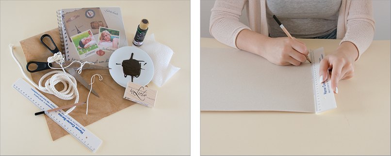 Schritt 1: Bastelmaterial bereitlegen. - Schritt 2: Messen Sie Stück vom Kunstleder ab. Bastelanleitung 01