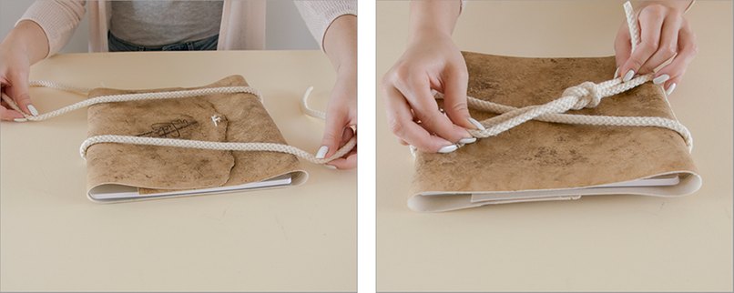 Schritt 37 & 38: Überkreuzen Sie beide Enden und verknoten Sie diese auf der Rückseite des Einbandes. Bastelanleitung 19