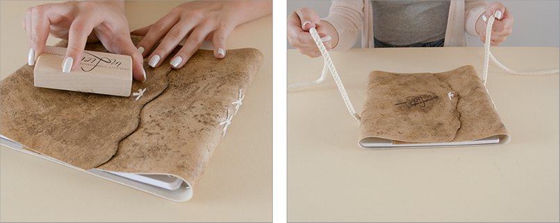 Schritt 35: Stempeln Sie auf der Vorderseite. - Schritt 36: Nehmen Sie ein Stück der dicken Kordel und platzieren es so, dass beide Enden an jeweils einer Seite des Einbandes zu sehen sind. Bastelanleitung 18