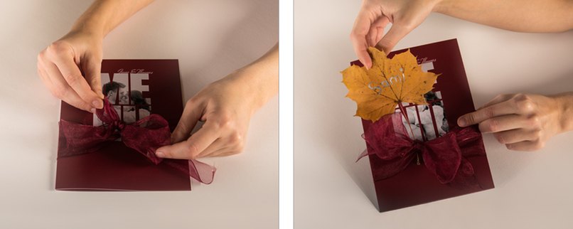 Schritt 3: Binden Sie mit einem Band eine Schleife um die Menükart. - Schritt 4: Stecken Sie das Blatt hinter die Schleife. Schleife um Menükarte binden - Blatt befestigen