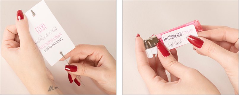 Schritt 3: Wunderkerze durch die Lochung stecken - Schritt 4: Feuerzeuge mit Aufkleber bekleben Wunderkerze in die Löcher schieben und das Etikett auf das Feuerzeug kleben.