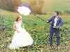 Braut wird für Foto auf einer Wiese belichtet