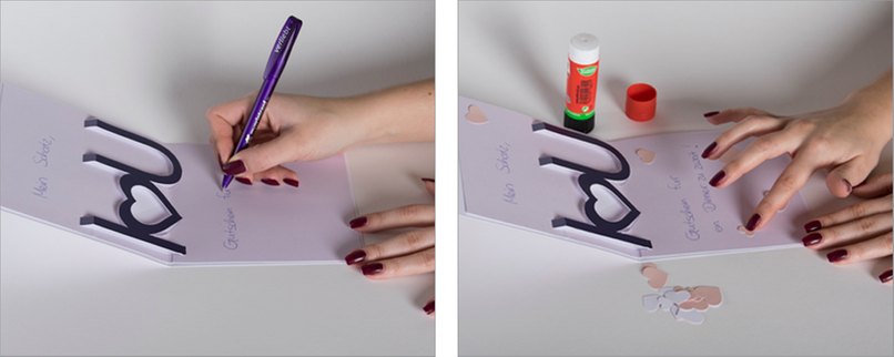 Liebesgeständnis verfassen und jenes mit den ausgeschnittenen Herzen verzieren.