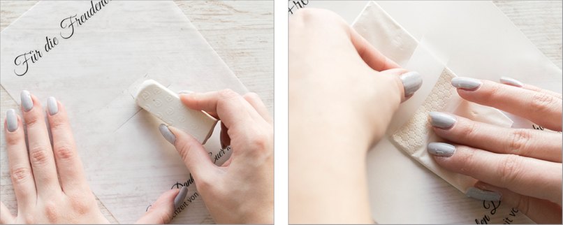 Schritt 5: Markierungen vorsichtig ausradieren - Schritt 6: Taschentuch in die Lasche schieben. Markierung des Bleistiftes wegradieren und das Taschentuch durch die Lasche schieben