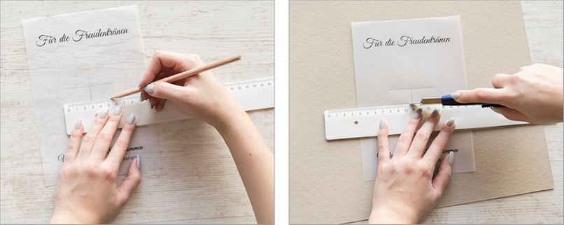 Schritt 3 und 4: Mit dem Cutter vorsichtig die Schnittpunkte nachschneiden Größe des Taschentuchs ermitteln und anschließend mit einem Cutter die Kanten nachfahren