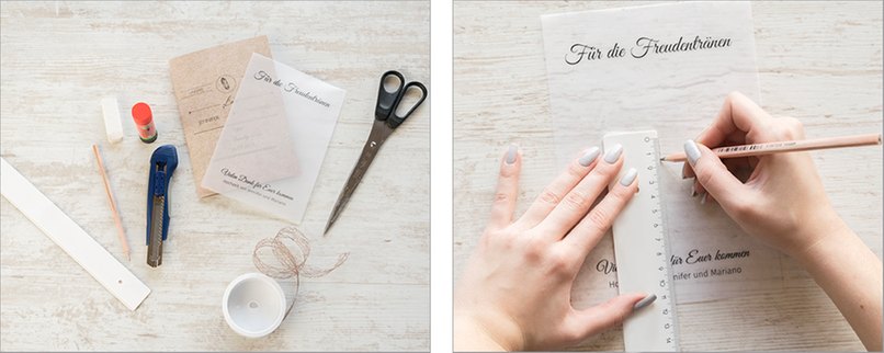 Schritt 1: Bastelwerkzeug bereit legen - Schritt 2: Schnittpunkte für Taschentücher markieren Abmessung der Höhe, Breite und Mitte des Einlegers