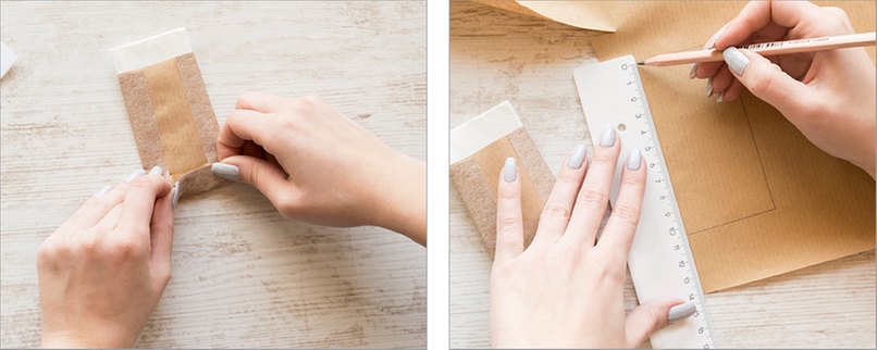 Schritt 11 & 12: Rückseite mit Packpapier verzieren Packpapierstück, welches Falt- und Klebeecken kaschieren soll, ausschneiden und aufkleben.