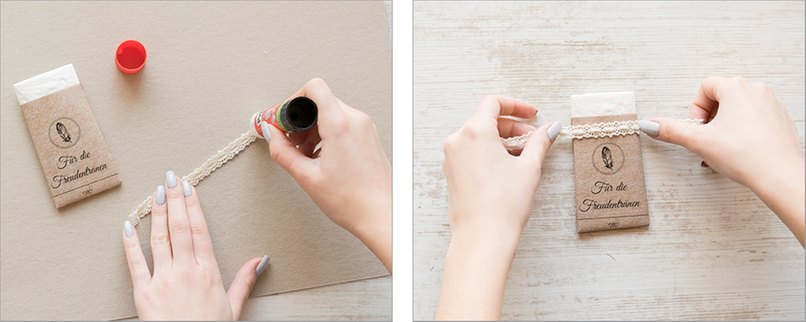 Schritt 15 & 16: Bordüre aufkleben Spitzenborde an oberer Kante des Etiketts befestigen