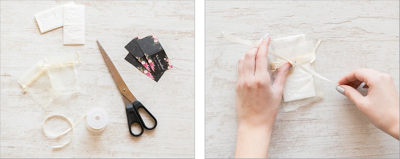 Schritt 1: Bastelwerkzeug bereitlegen - Schritt 2: Taschentücher in Seidensäckchen geben Bastelwerkzeug bereitlegenTaschentuch in Seidensäckchen stecken und Seidenband zuschneiden
