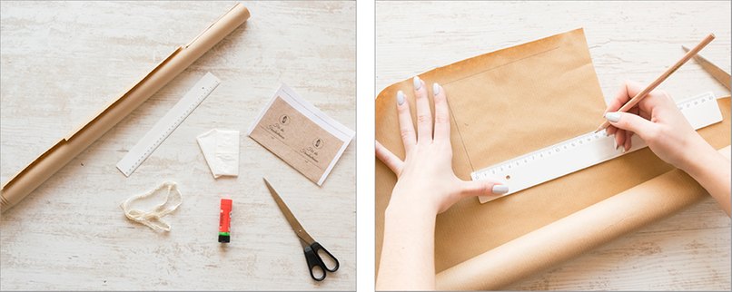 Schritt 1: Bastelwerkzeug bereitlegen - Schritt 2: Packpapier zuschneiden Bastelwerkzeug bereitlegen und Packpapier zuschneiden