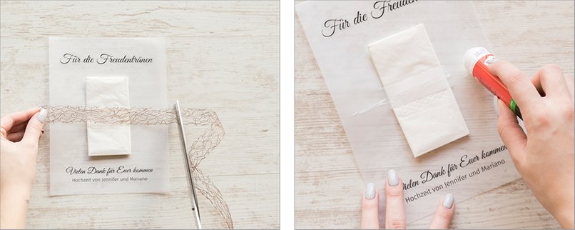 Schritt 7: Dekoband zuschneiden - Schritt 8: Vorsichtig aufkleben Dekoband zuschneiden und auf die Lasche kleben