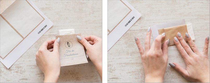 Schritt 9 & 10: Weinettikett um das Taschentuch kleben Etikett auf Vorderseite kleben und überstehendes Stück nach hinten klappen