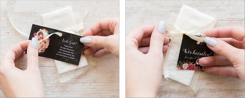 Schritt 3 & 4: Seidenband zusammen mit dem Geschenkanhänger befestigen Geschenkanhänger an Seidenband festbinden