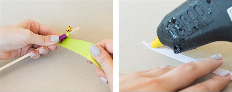 Beide Bändchen um den Stab wickeln und weiteres Bändchen bestreicen