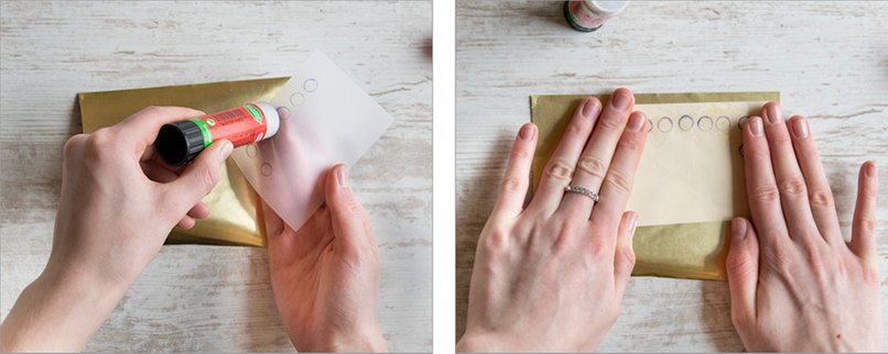 Transparentpapier bekleben und auf die Rückseite der Spiegelfolie kleben.