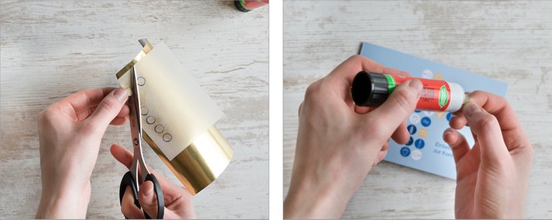 Gewünschte Form ausschneiden und auf der Rückseite des Motives Kleber auftragen.