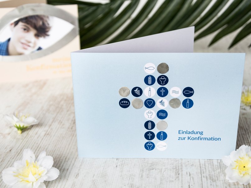 Einladungskarten zur Konfirmation mit Spiegelfolie gestaltet