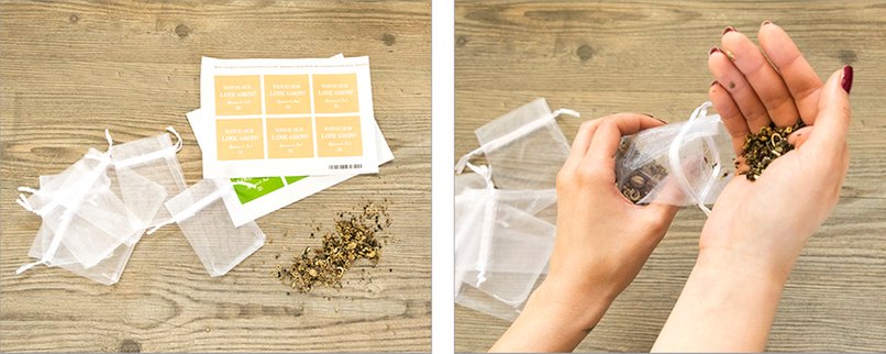 Material bereitlegen und Säckchen mit Blumensamen füllen.