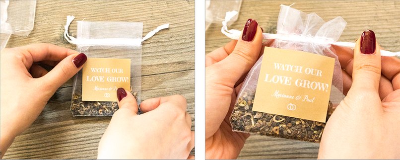 Etikett aufkleben und Säckchen zuschnüren.