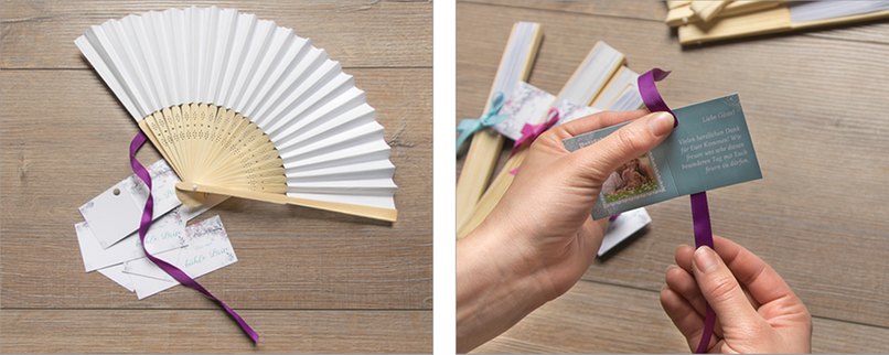 Schritt 1: Bastelmaterial bereitlegen und Kirchenheft auf den Innenseiten mit Kleber bestreichennd Dekobändchen am Geschenkanhänger befestigen. Material bereitlegen und Bändchen durch Lochung des Geschenkanhängers führen.