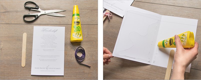 Material bereitlegen und Kirchenheft auf den Innenseiten mit Kleber bestreichen