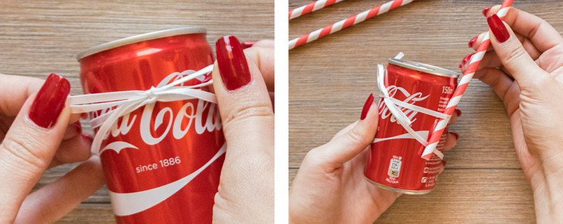 Schritt 3: Band an die Dose befestigen und eine Schleife binden Schritt 4: Strohhalm hinein stecken Schleife um die die Cola-Dose binden und einen Strohhalm hineinstecken.
