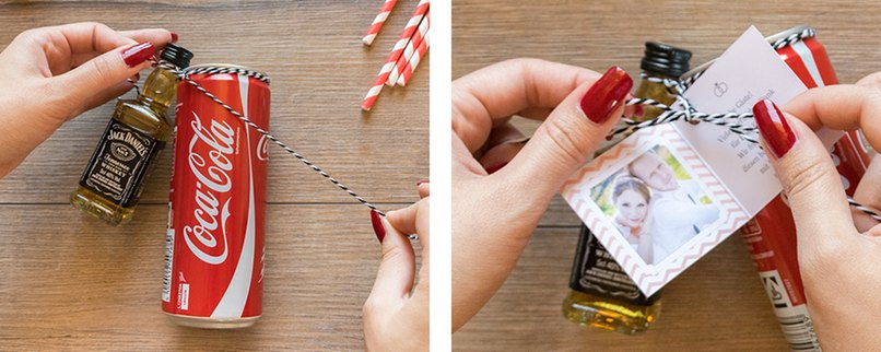 Schritt 3: Mit Hilfe der Schnur, Fläschchen an die Dose binden Schritt 4: Geschenkanhänger einfädeln Fläschchen an Cola-Dose befestigen und Geschenkanhänger daran festbinden.