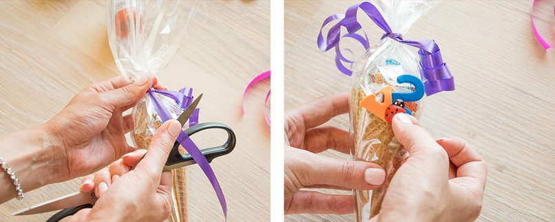 Oberes Ende der Waffel-Eistüte mit Geschenkband verschließen und verzieren.