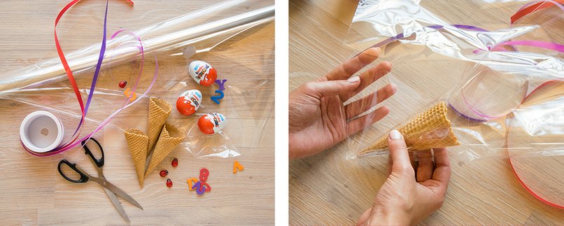 Material bereitlegen, je ein Überraschungs-Ei in eine Eiswaffel stecken und alles in transparenter Folie verpacken.
