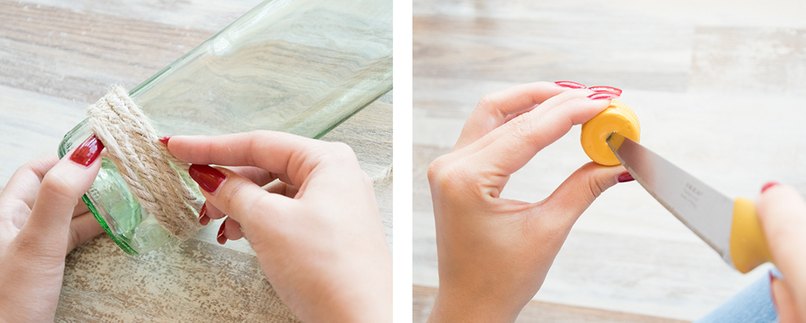 Stechen eines Lochs für den Docht in die Mitte des Flaschendeckels