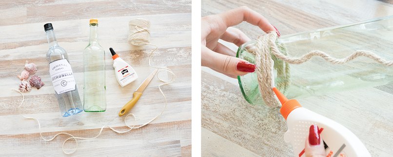 Mit Klebstoff an Glasflasche befestigte Kordel