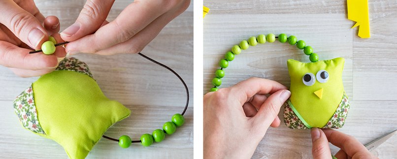 Perlen auffädeln und Eule, mit weiteren Utensilien, ein Gesicht geben.