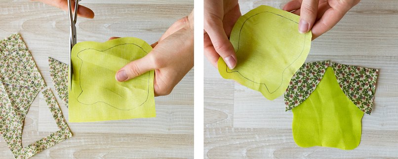 Stoff, mit Beachtung der Nahtzugabe, zuschneiden und die Stoff-Flügel zwischen die zwei Stoffstücke für den Körper stecken.