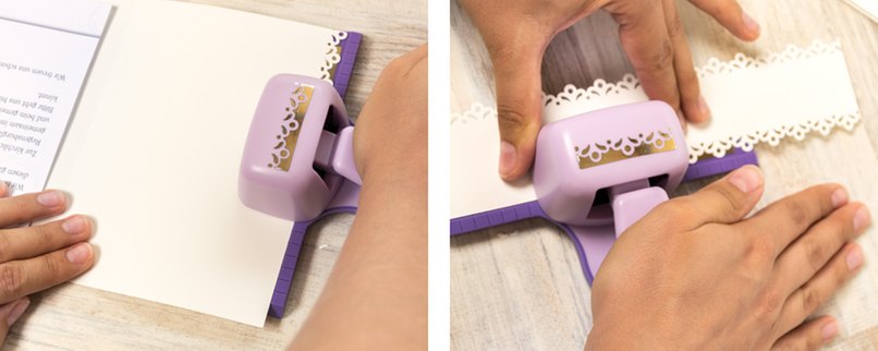 Schritt 6: Bordüre in die Seitenlasche stanzen und Banderole verzieren Pocketfold mit Bordüren verzieren.