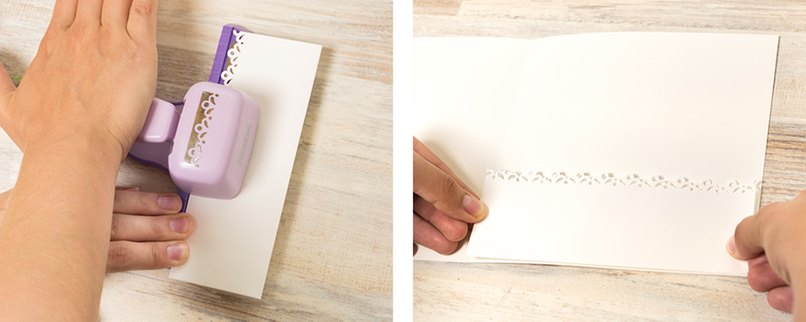 Schritt 3: Kuvert mit Bordürenstanzer verzieren und einkleben Offenes Ende mit Bordürenstanzer bearbeiten und einkleben.