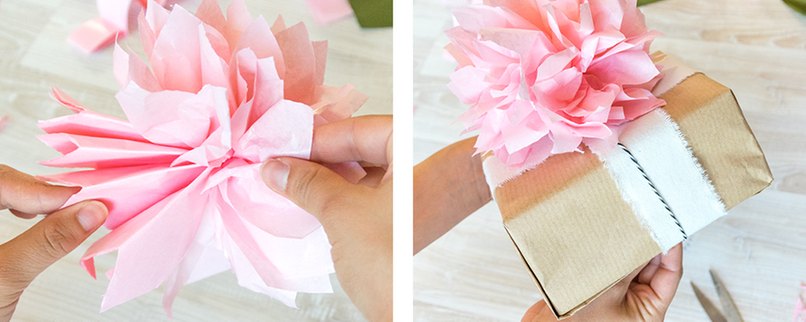 Alle Papierlagen auseinander ziehen, um einen runden Pompon zu erhalten Alle Papierlagen auseinander ziehen, um einen runden Pompon zu erhalten